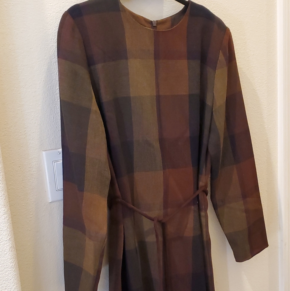 David Warren Vintage 80s Wool Plaid Long Sleeve Dress with Belt 14P Fall Winter